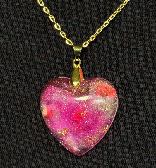 Dried Red Flowers with Gold Leaf & Fine Glitter in Pink Heart Epoxy Resin Long Gold Chain Pendant