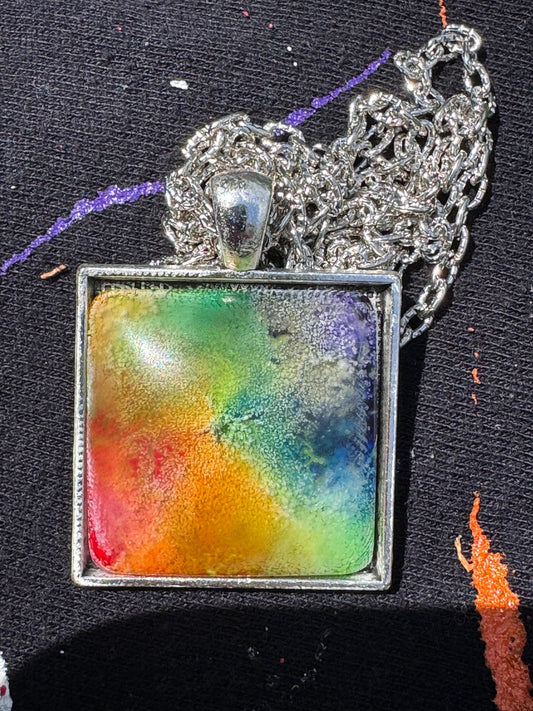 Square Rainbow Pride Petri Style Resin Pendant on Silver Bezel with Long Chain