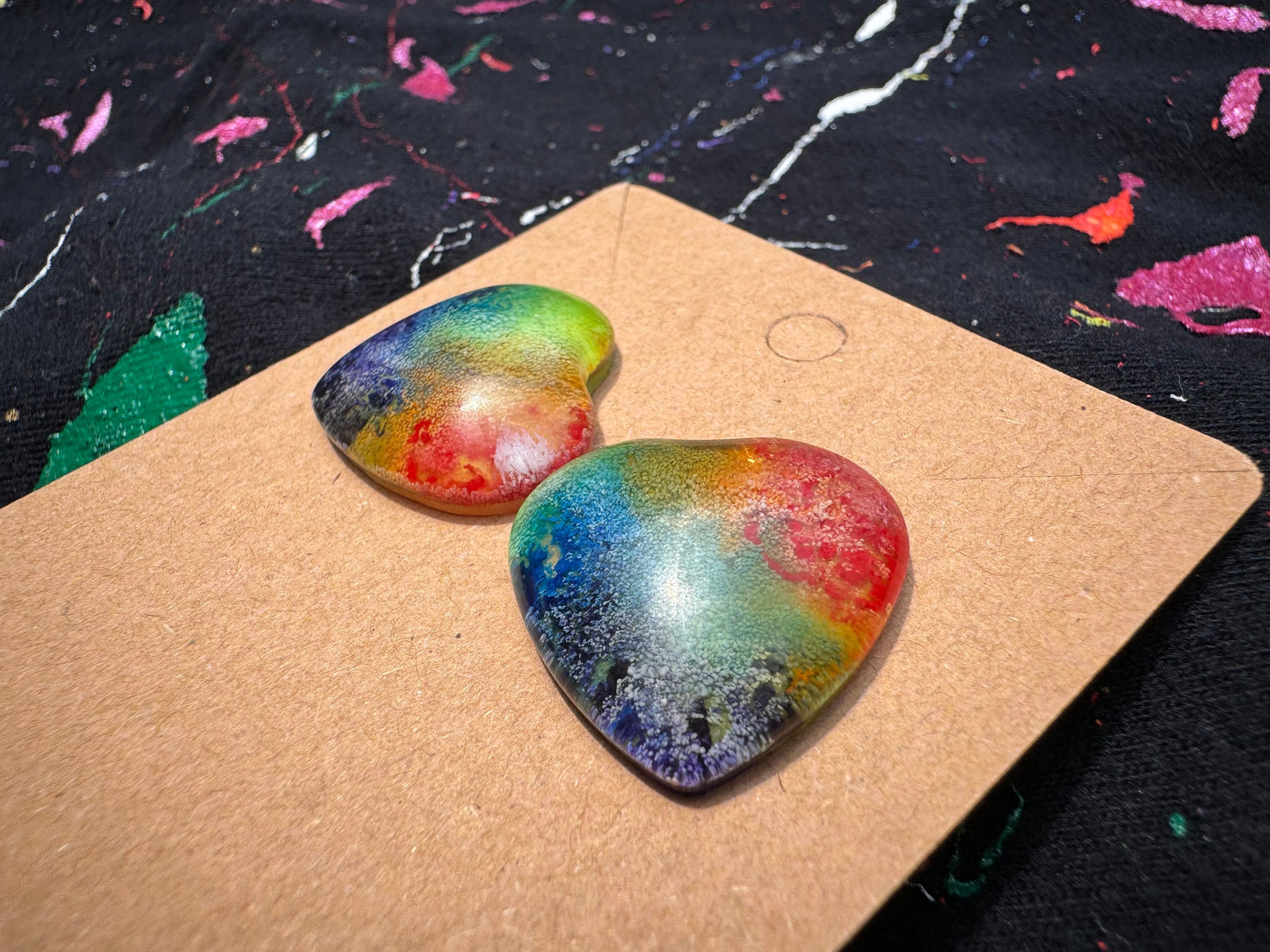 Rainbow Pride Medium 2.5 cm Petri Style Heart Epoxy Resin Earrings with Gold Studs