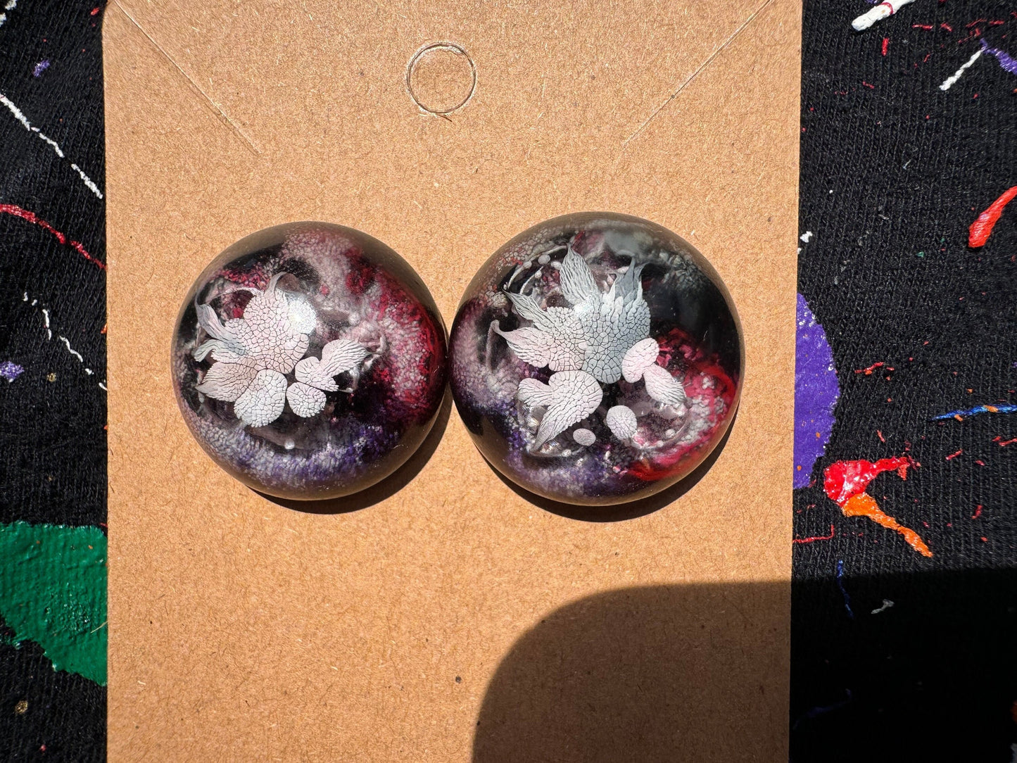 Large 2.5 cm Red Black and White Petri Style Half Sphere Stud Epoxy Resin Earrings with Gold Studs