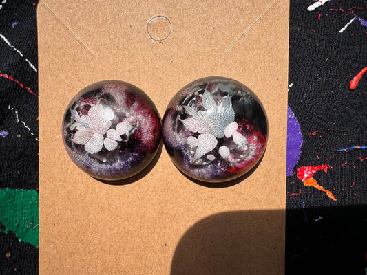 Large 2.5 cm Red Black and White Petri Style Half Sphere Stud Epoxy Resin Earrings with Gold Studs