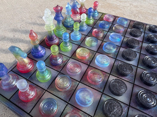 11 inch x 11 inch Gummy Jelly Candy Multichrome Colorful Epoxy Resin Chess/Checkers Board and Chess/Checkers Pieces