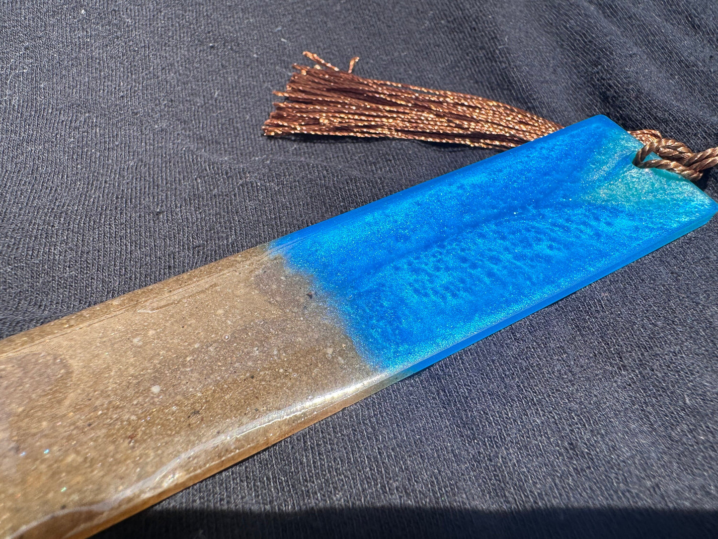 1.2 x 5.8 Ocean Real Sand Metallic Blue Teal Bookmark with Brown Tassel