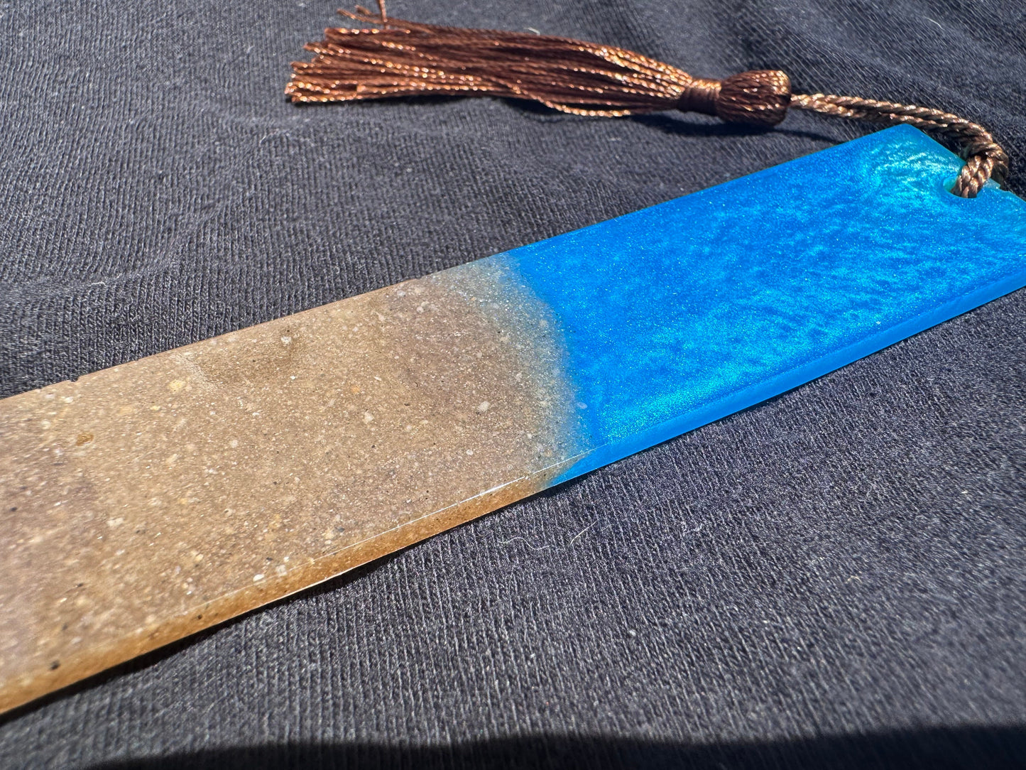 1.2 x 5.8 Ocean Real Sand Metallic Blue Teal Bookmark with Brown Tassel