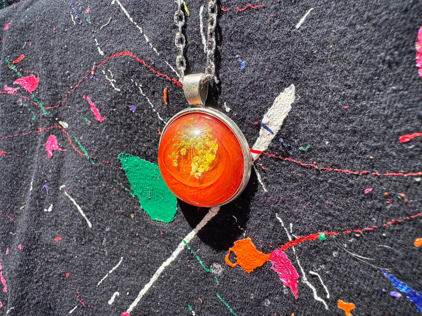 Dried Yellow Flower with Orange Backing Clear Half Sphere Pendant with Long Silver Chain and Bezel