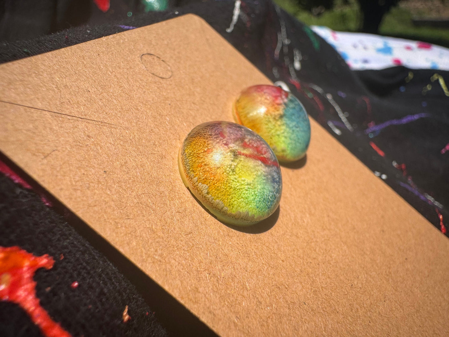 Medium Rainbow Pride Petri Style Half Sphere Stud Epoxy Resin Earrings with Gold Studs