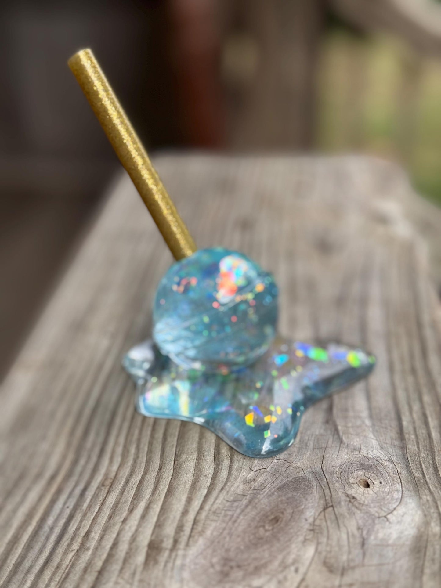 Translucent Blue Melting Lollipop Holographic Glitter with Gold Glitter Stick Epoxy Resin