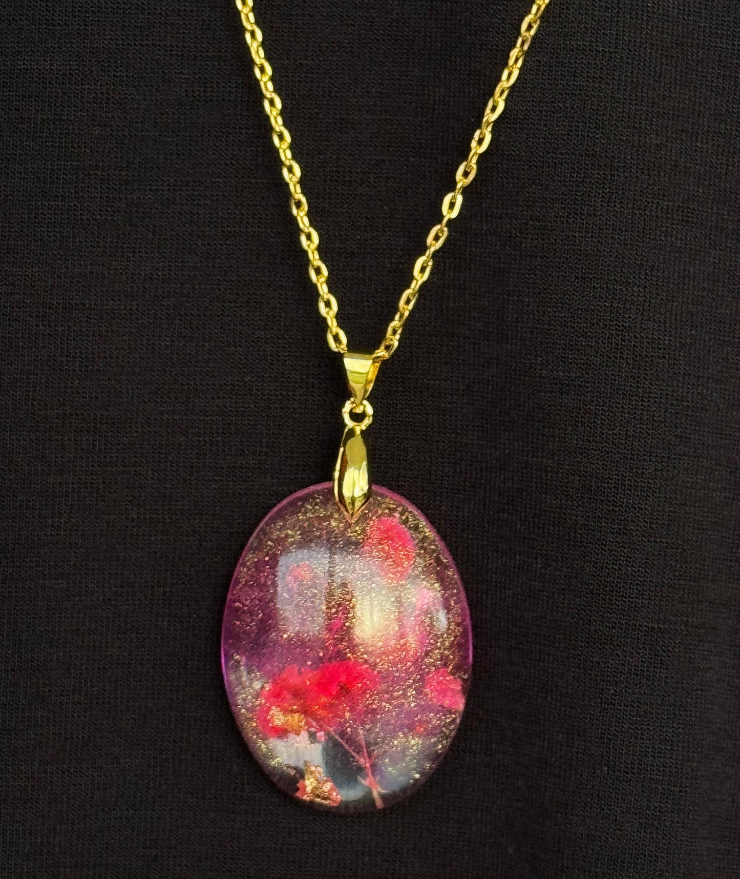 Dried Red Flowers with Gold Leaf in Pink Half Oval Epoxy Resin Long Gold Chain Pendant