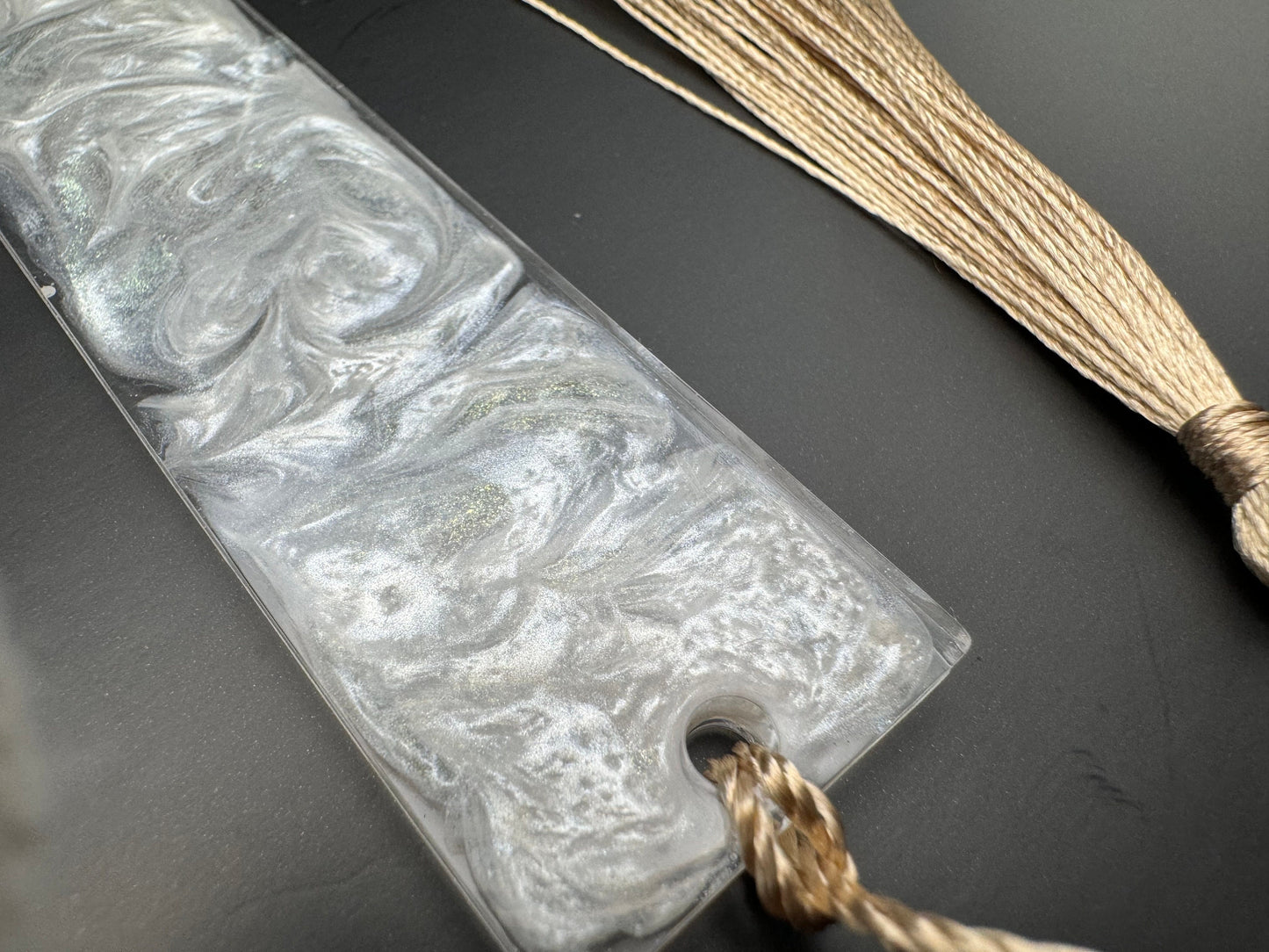 1.2 x 5.8 Bookmark Metallic White Swirled with Pale Gold Tassel