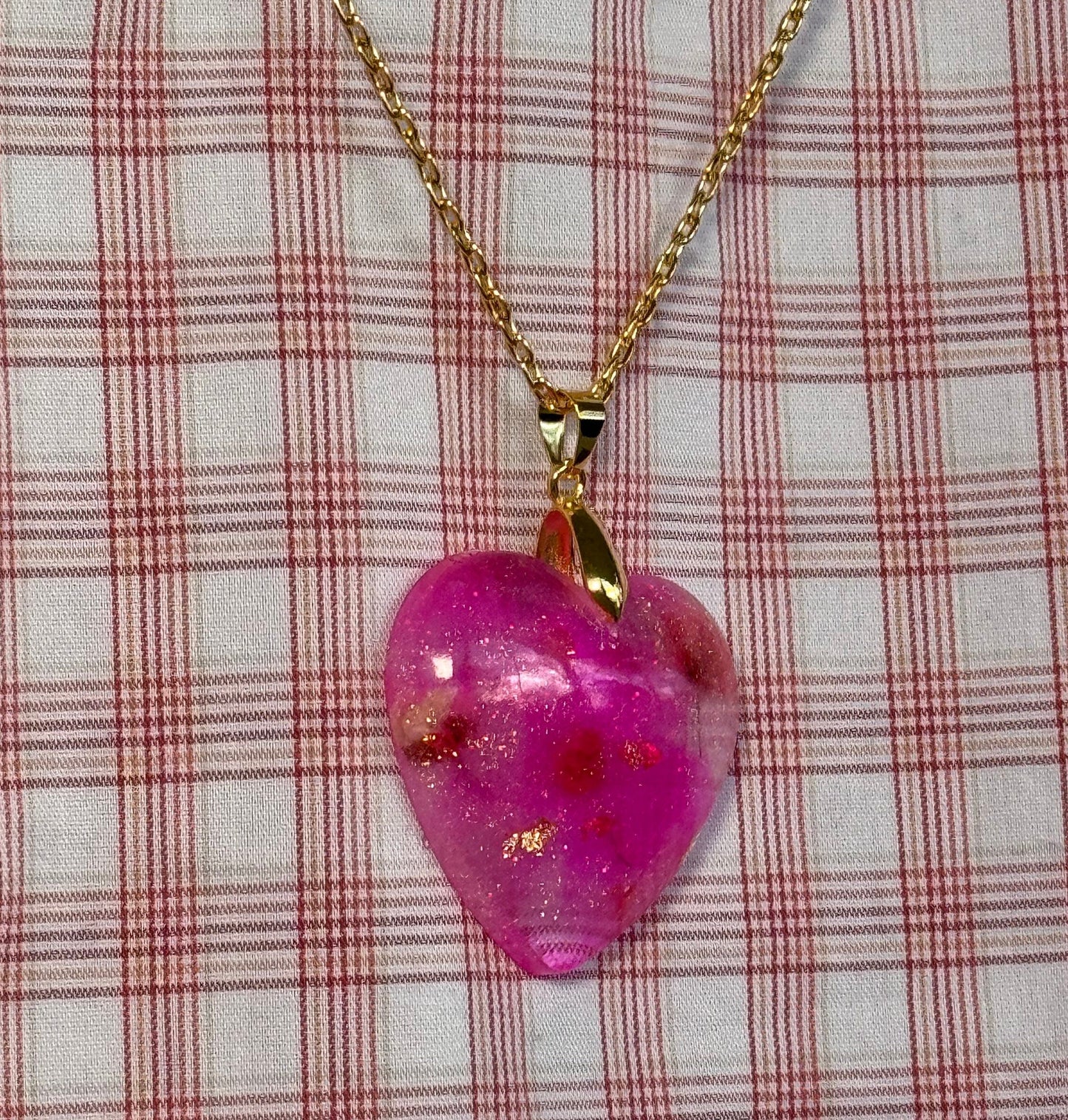 Dried Red Flowers with Gold Leaf & Fine Glitter in Pink Heart Epoxy Resin Long Gold Chain Pendant