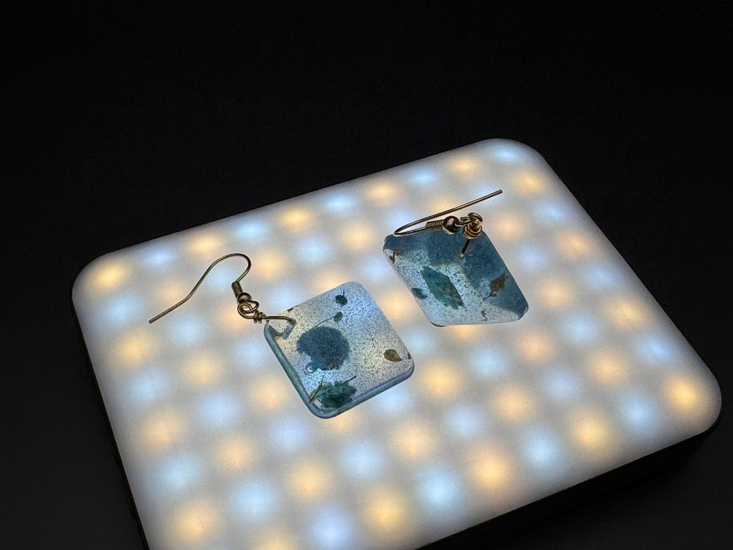 Translucent Blue Dehydrated Pressed Flower Gold Leaf Diamond Dangle Handmade Epoxy Resin Earrings with Gold Hooks