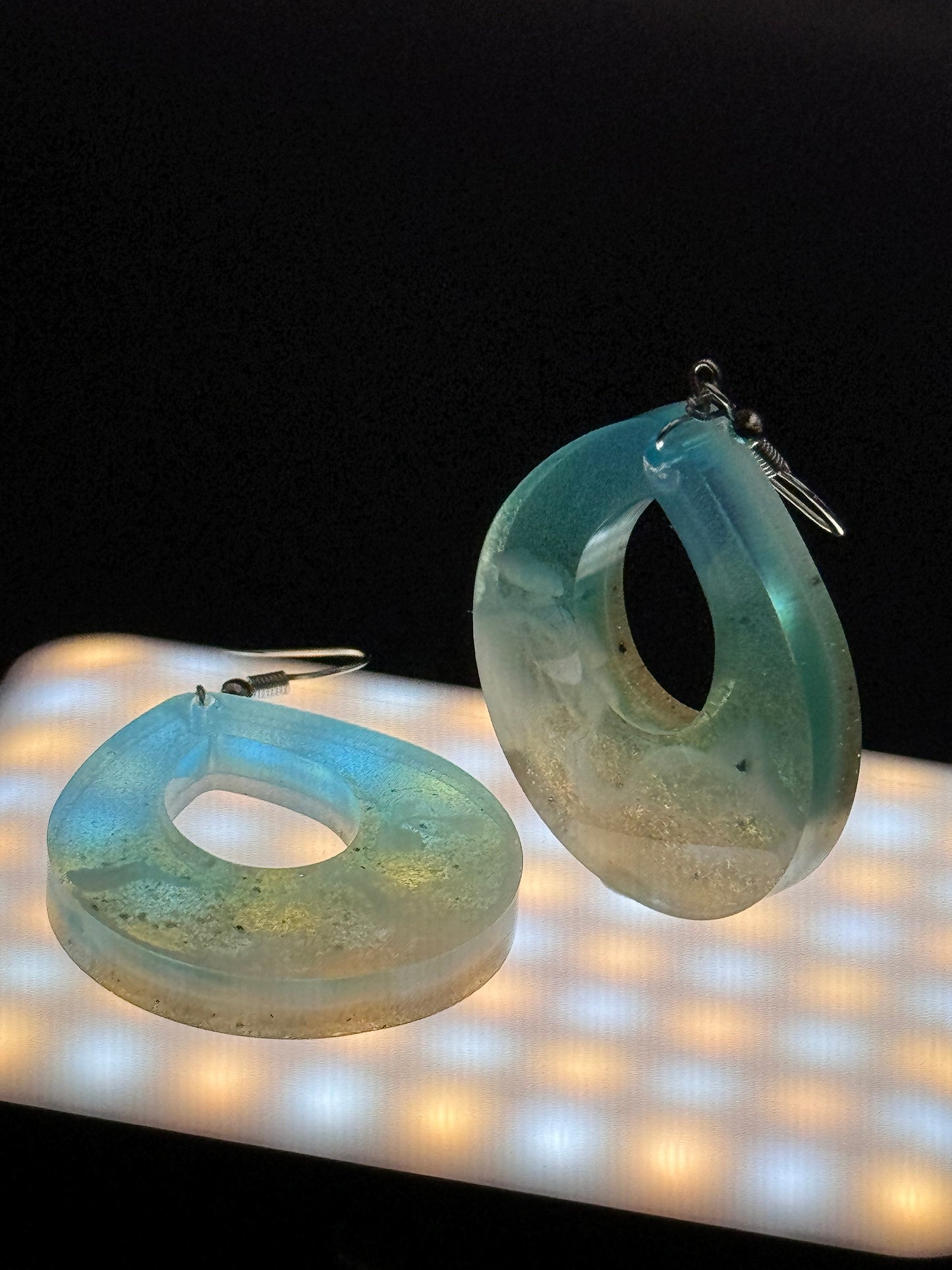 Teardrop with Negative Space Translucent Ocean Waves Blue Teal Real Sand Handmade Epoxy Resin Earrings with Silver Hooks