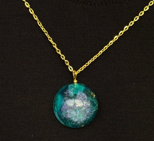 Blue Flower Purple Chameleon Flake and Gold Flake Half Sphere Pendant with Long Chain