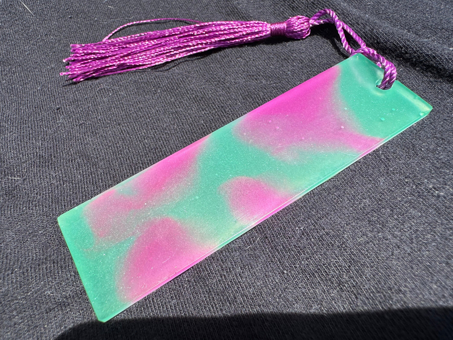 1.2 x 3.8 Heat Activated Color Changing Green to Lime Purple to Pink Bookmark with Fuchsia Tassel