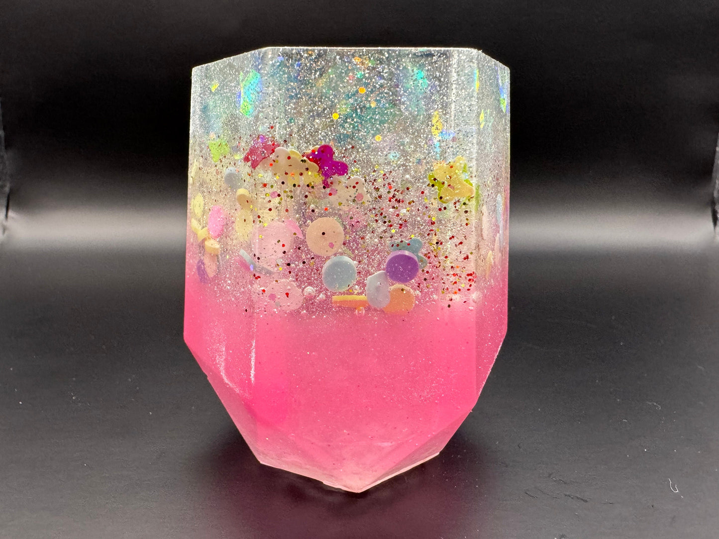 Hexagonal Brush Pen Cup Epoxy Resin Pink and White with Butterfly Glitter and Circles