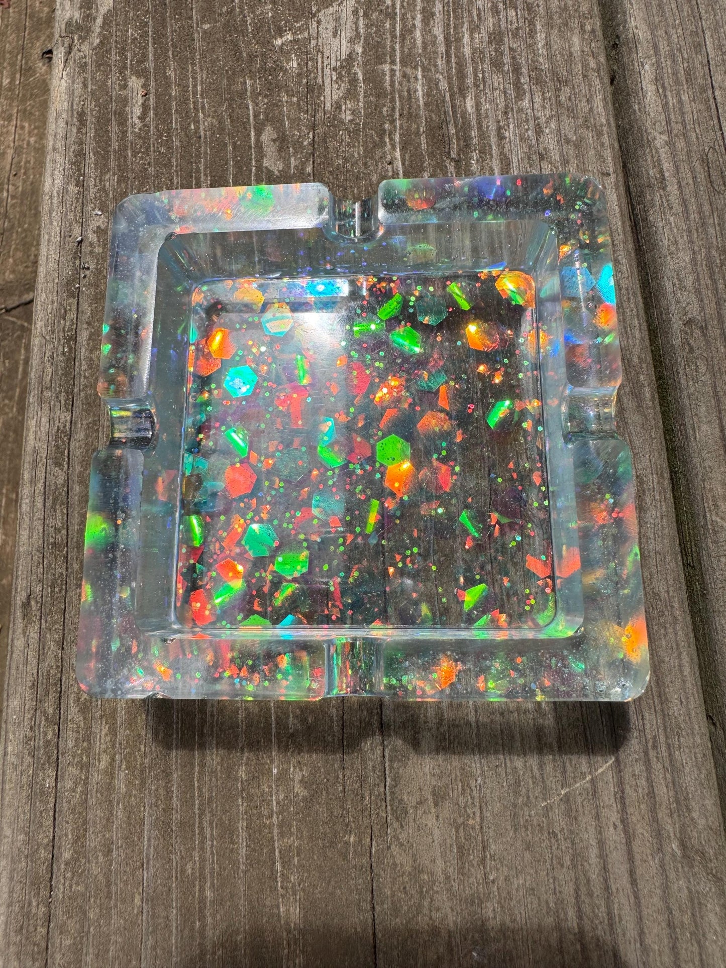 Square Translucent Blue with Chunky and Fine Holographic Fiery Purple Glitter Epoxy Resin Ashtray Dish