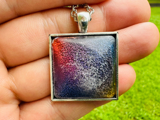 Square Blue and Purple Petri Cat Eye Resin Pendant on Silver Bezel with Long Silver Chain and Bezel