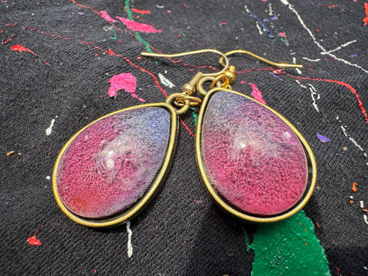 Pink and Blue Cat Eye Petri Style Teardrop Epoxy Resin Earrings with Gold Hooks and Bezel