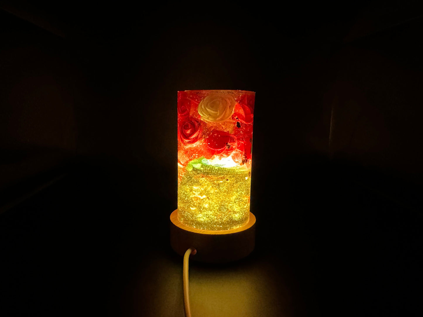 Maroon Red and White Roses with Gold Leaf Epoxy Resin Lamp Night Light with Wooden Base