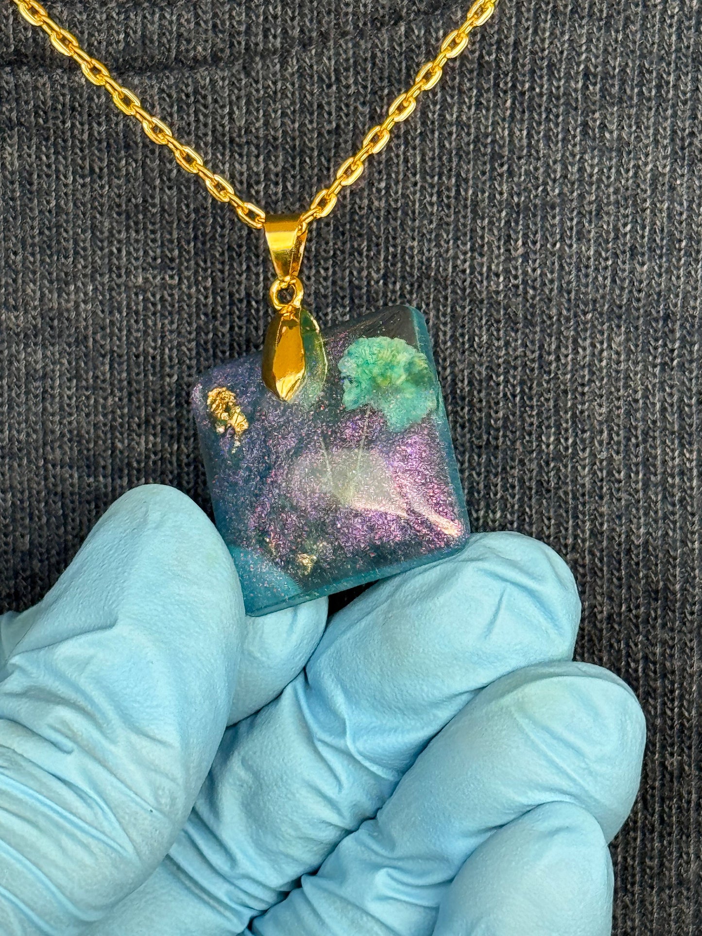 Square Blue Dehydrated Flowers Purple Chameleon Flake and Gold Flake Pendant with Long Chain