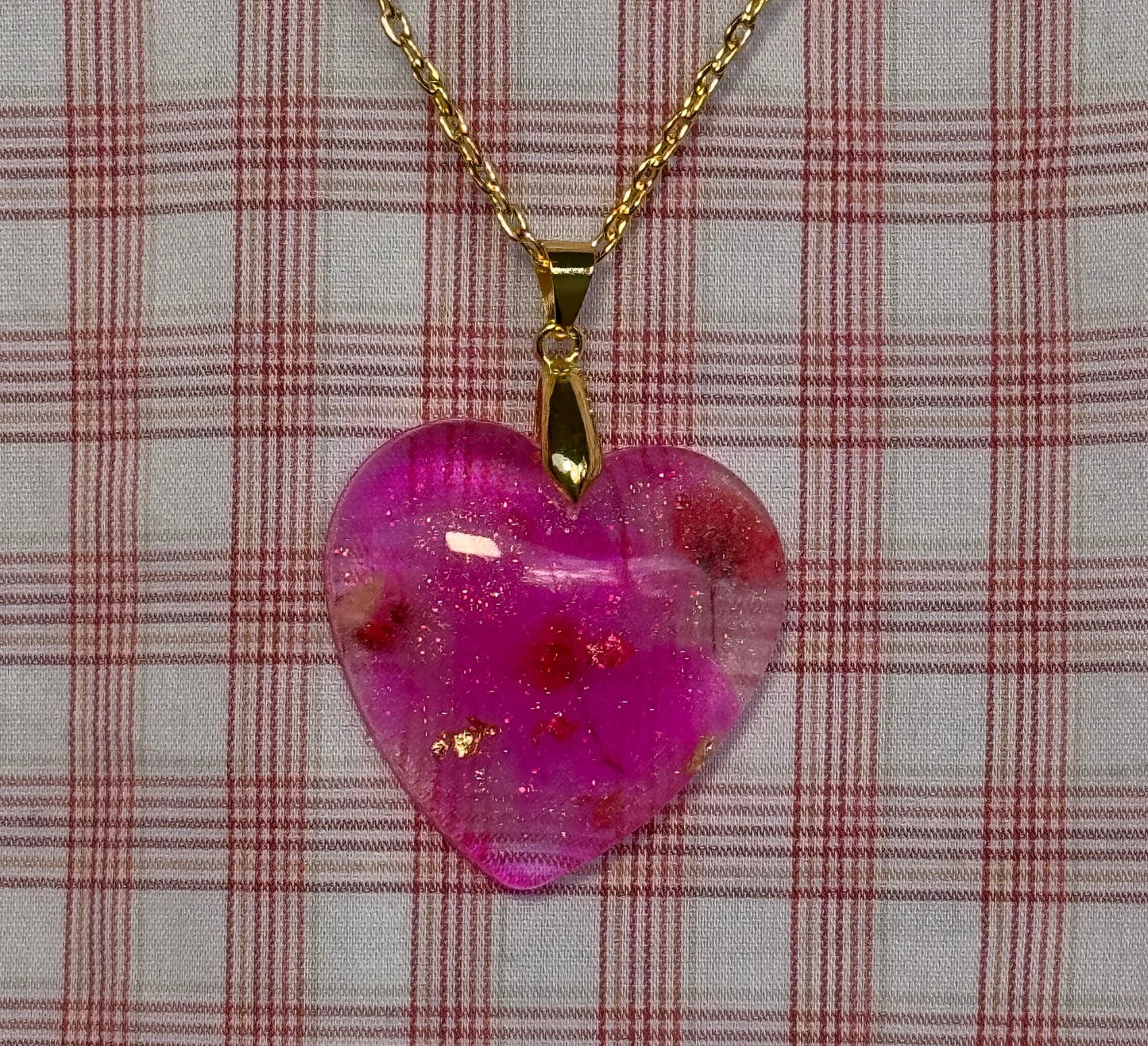 Dried Red Flowers with Gold Leaf & Fine Glitter in Pink Heart Epoxy Resin Long Gold Chain Pendant