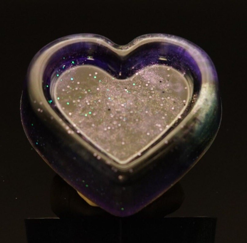 Heart Dish Epoxy Resin Charm Keychain Pocket Fidget Black Purple Blue Duochrome