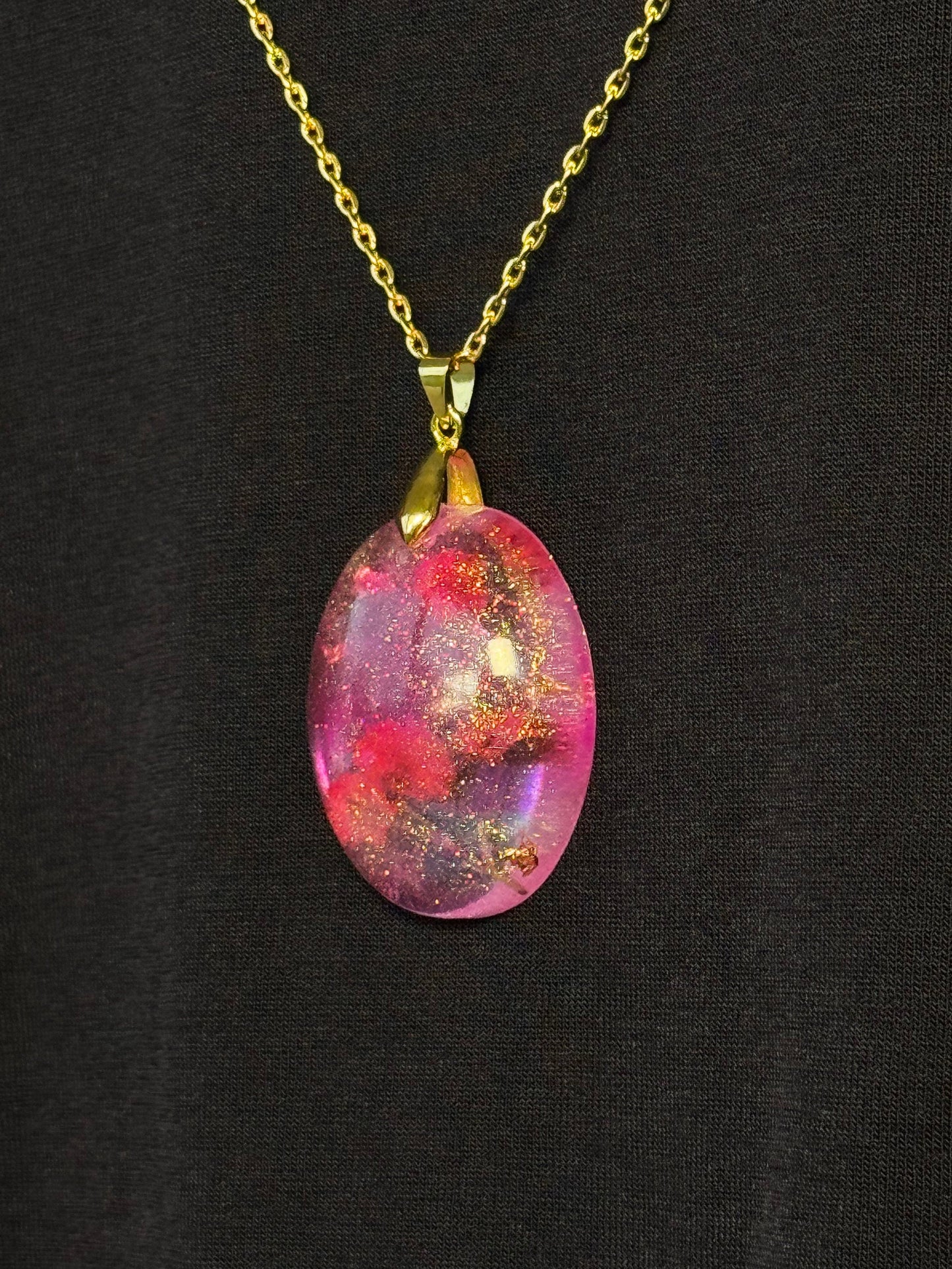 Dried Red Flowers with Gold Leaf in Pink Half Oval Epoxy Resin Long Gold Chain Pendant