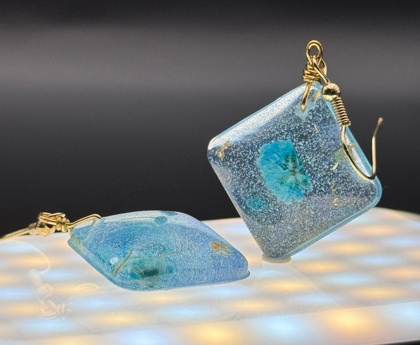 Translucent Blue Dehydrated Pressed Flower Gold Leaf Diamond Dangle Handmade Epoxy Resin Earrings with Gold Hooks