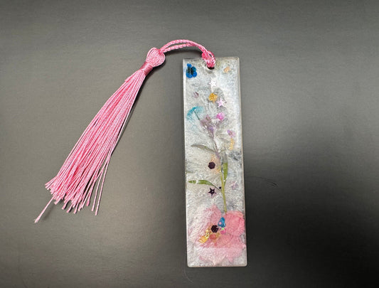 1.2 x 3.8 Bookmark Dried Pink and Blue Flowers with Shimmering White Backdrop and Pink Star and Hexagon Glitter with Baby Pink Tassel