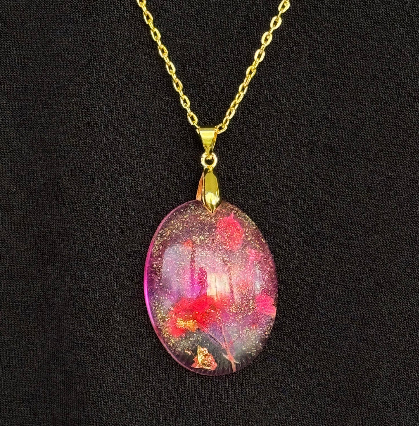 Dried Red Flowers with Gold Leaf in Pink Half Oval Epoxy Resin Long Gold Chain Pendant