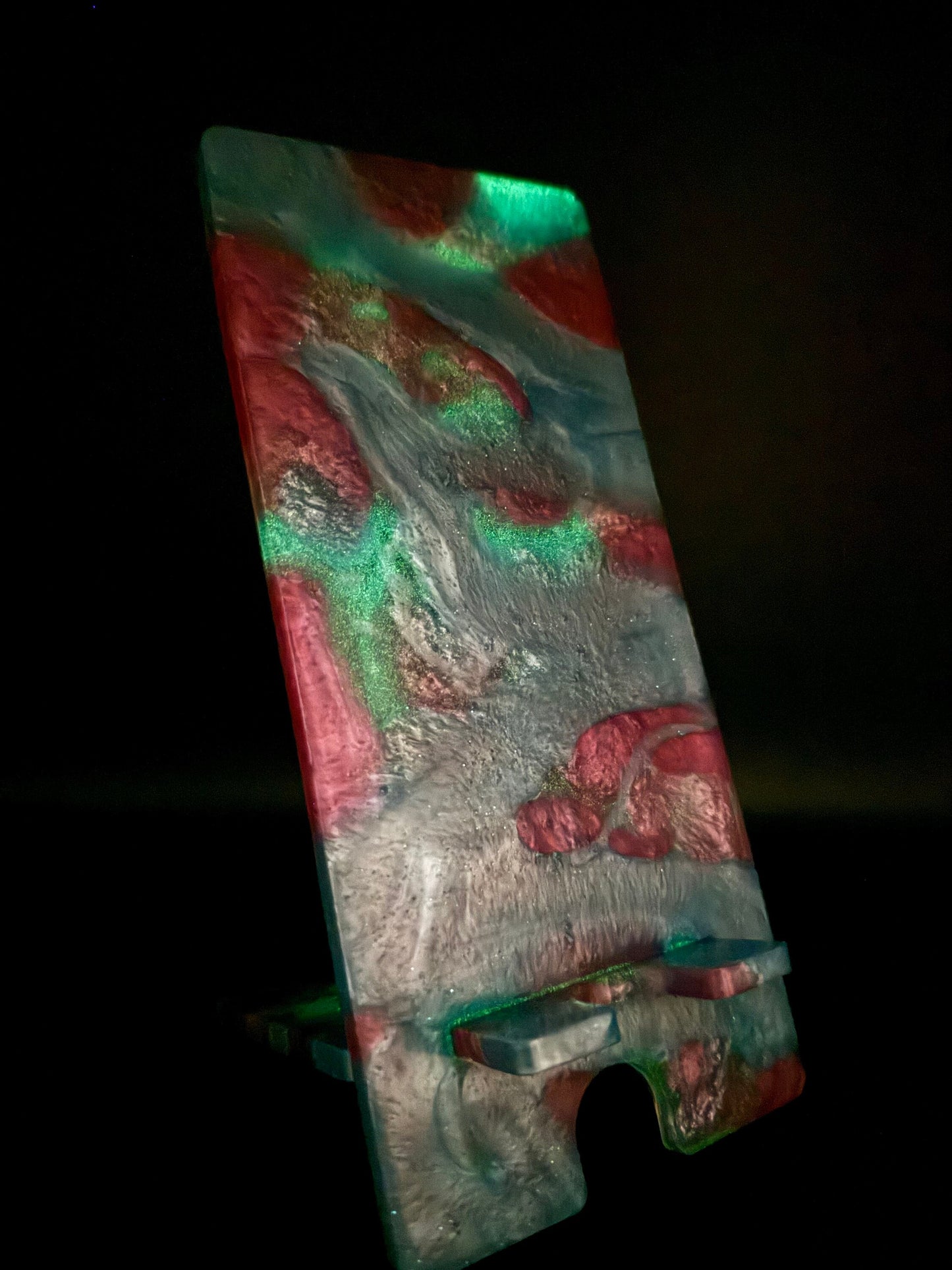 Metallic Pink and Blue Glow-in-the-Dark Marbled Tabletop Phone Stand Epoxy Resin