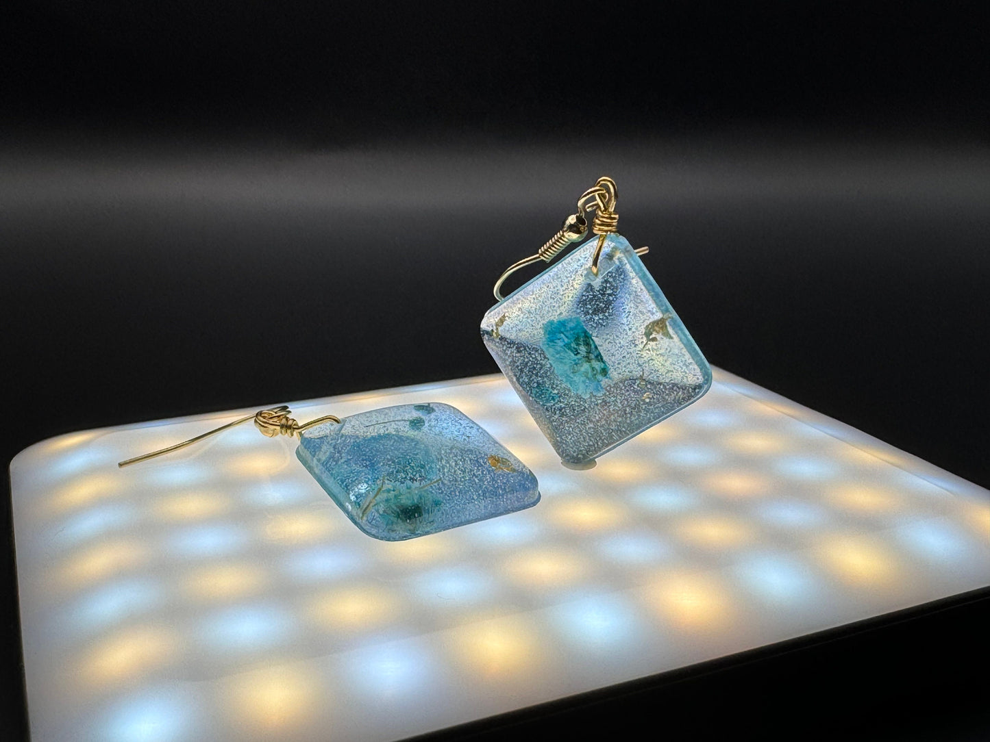 Translucent Blue Dehydrated Pressed Flower Gold Leaf Diamond Dangle Handmade Epoxy Resin Earrings with Gold Hooks