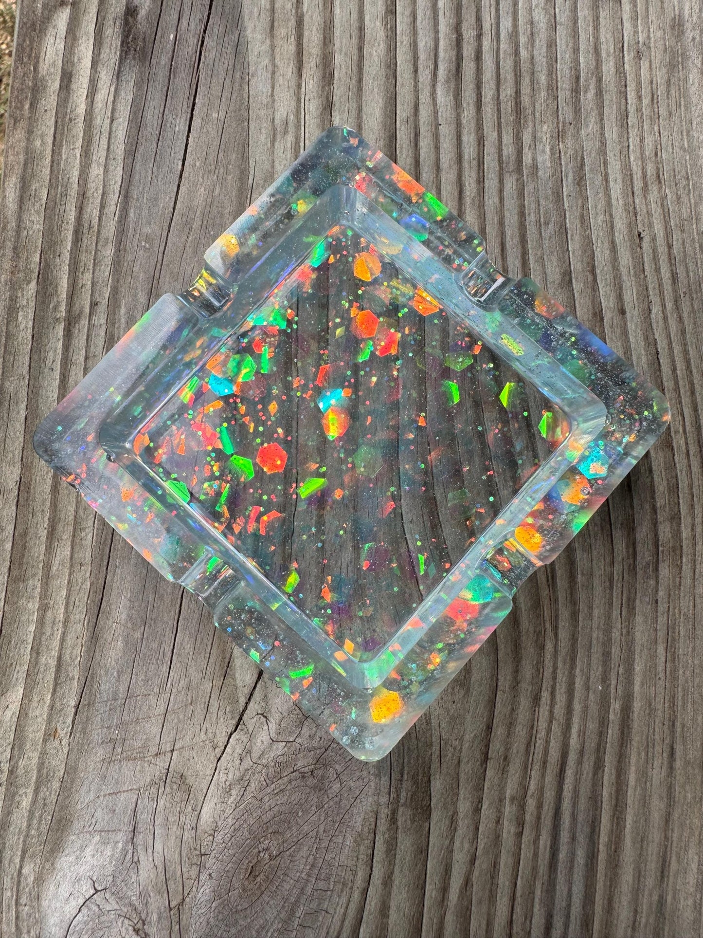 Square Translucent Blue with Chunky and Fine Holographic Fiery Purple Glitter Epoxy Resin Ashtray Dish