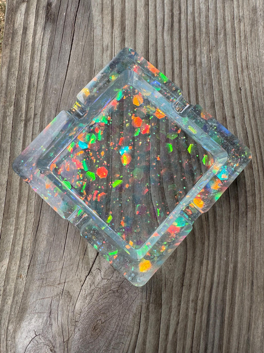 Square Translucent Blue with Chunky and Fine Holographic Fiery Purple Glitter Epoxy Resin Ashtray Dish