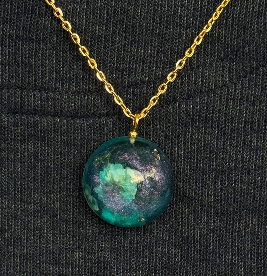 Dried Blue Flower Purple Chameleon Flake and Gold Flake Half Sphere Pendant with Long Chain