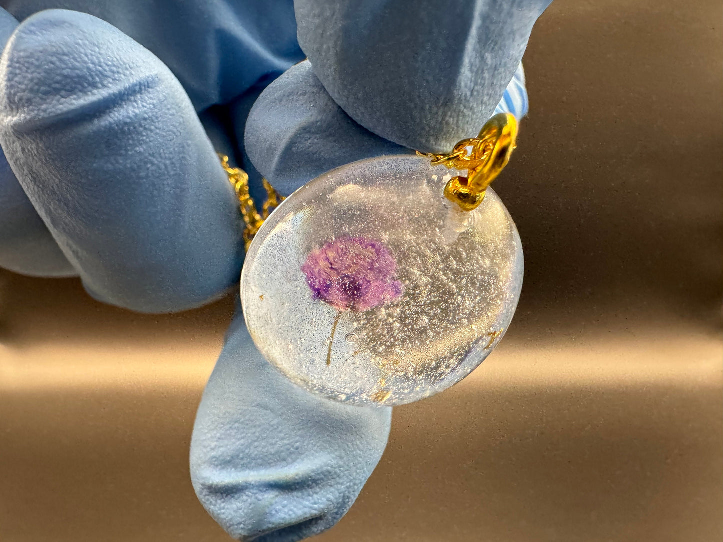 Dried Purple Flower and Gold Flake Clear Half Sphere Pendant with Long Chain