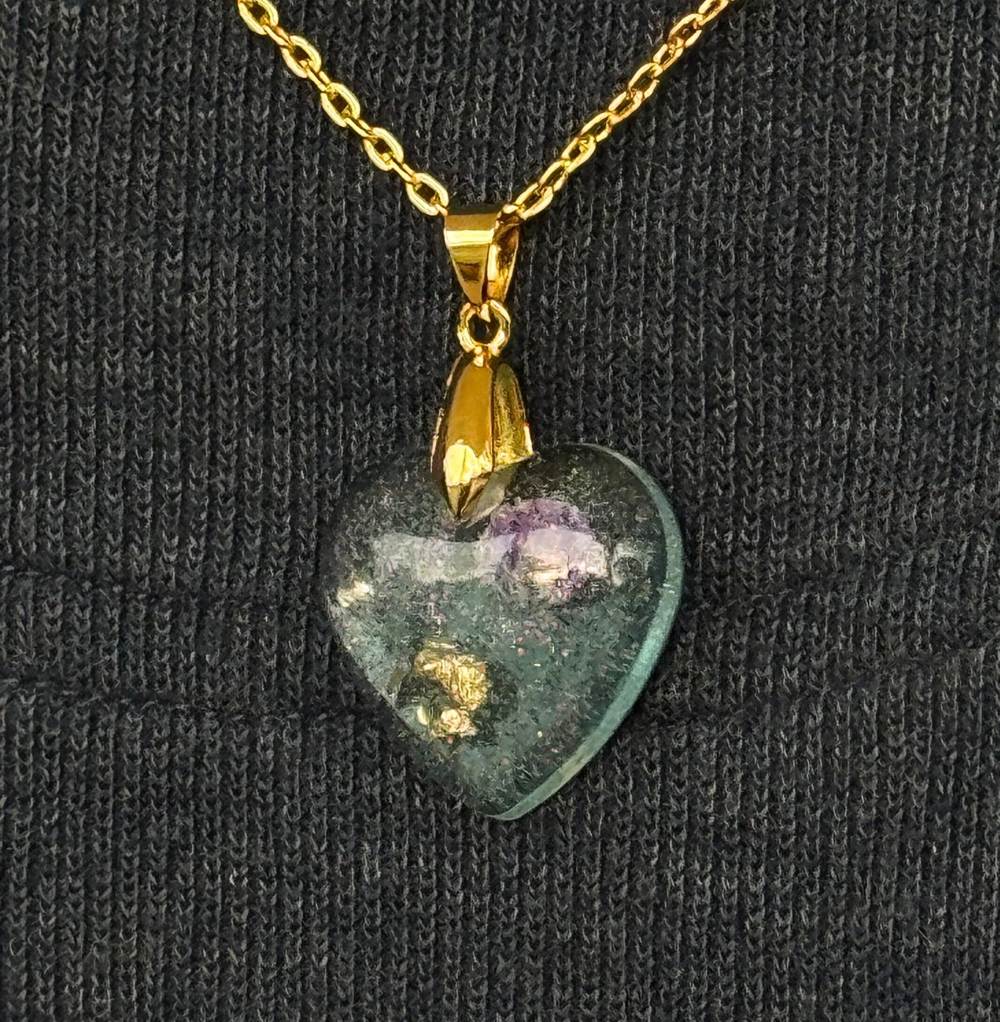 Dried Purple Flower Translucent Blue Heart with Gold Leaf Epoxy Resin Long Gold Chain Pendant