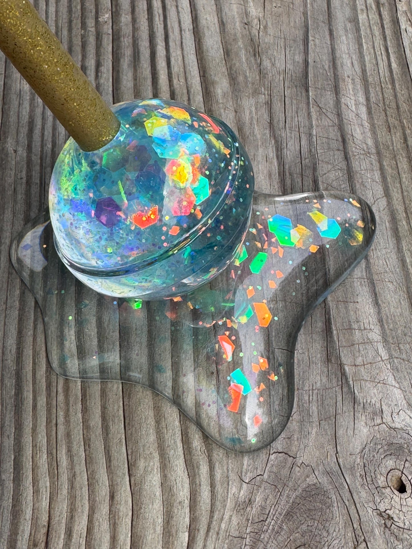 Translucent Blue Melting Lollipop Holographic Glitter with Gold Glitter Stick Epoxy Resin