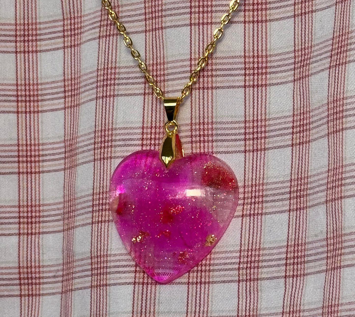 Dried Red Flowers with Gold Leaf & Fine Glitter in Pink Heart Epoxy Resin Long Gold Chain Pendant