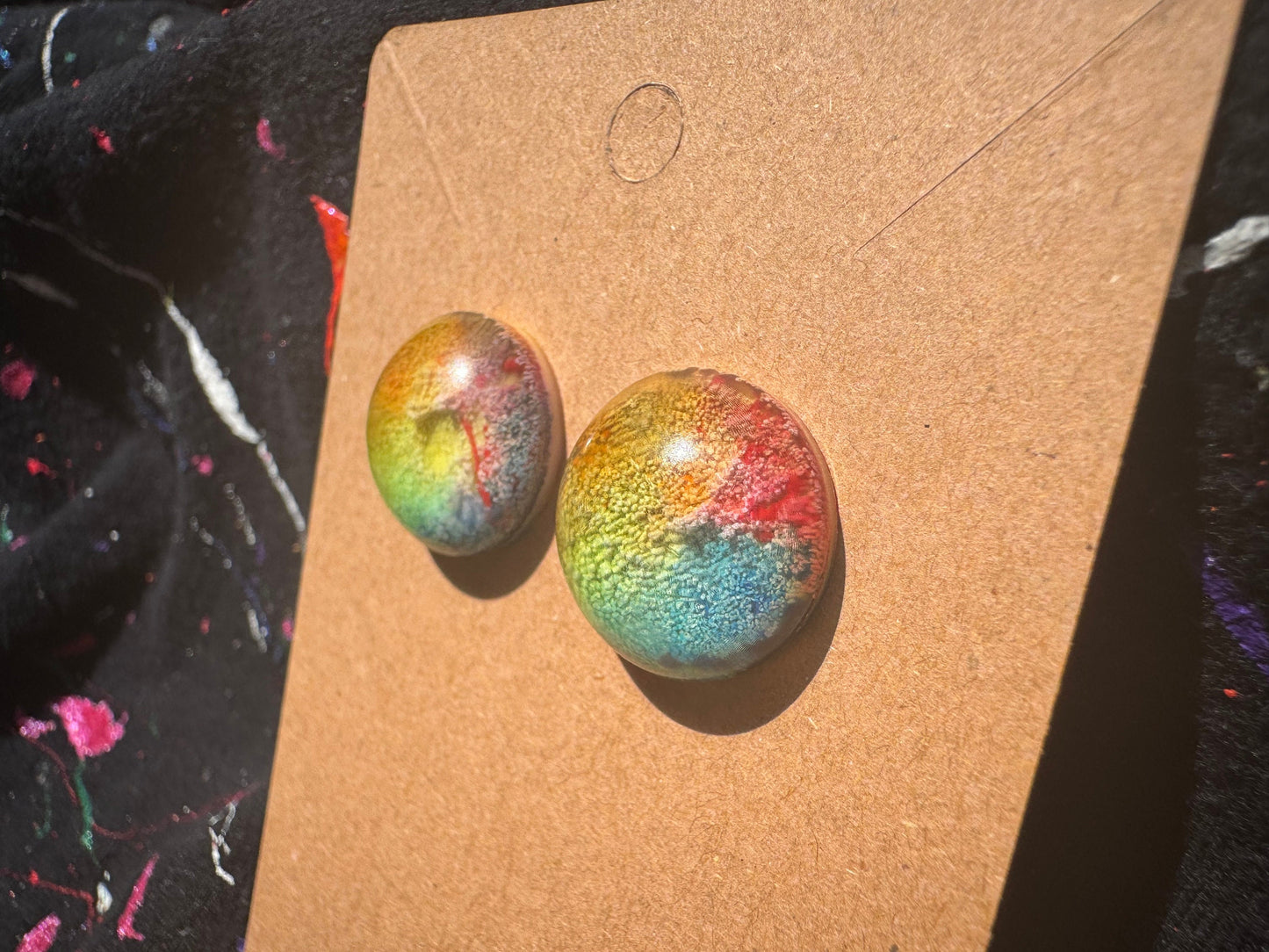 Medium Rainbow Pride Petri Style Half Sphere Stud Epoxy Resin Earrings with Gold Studs