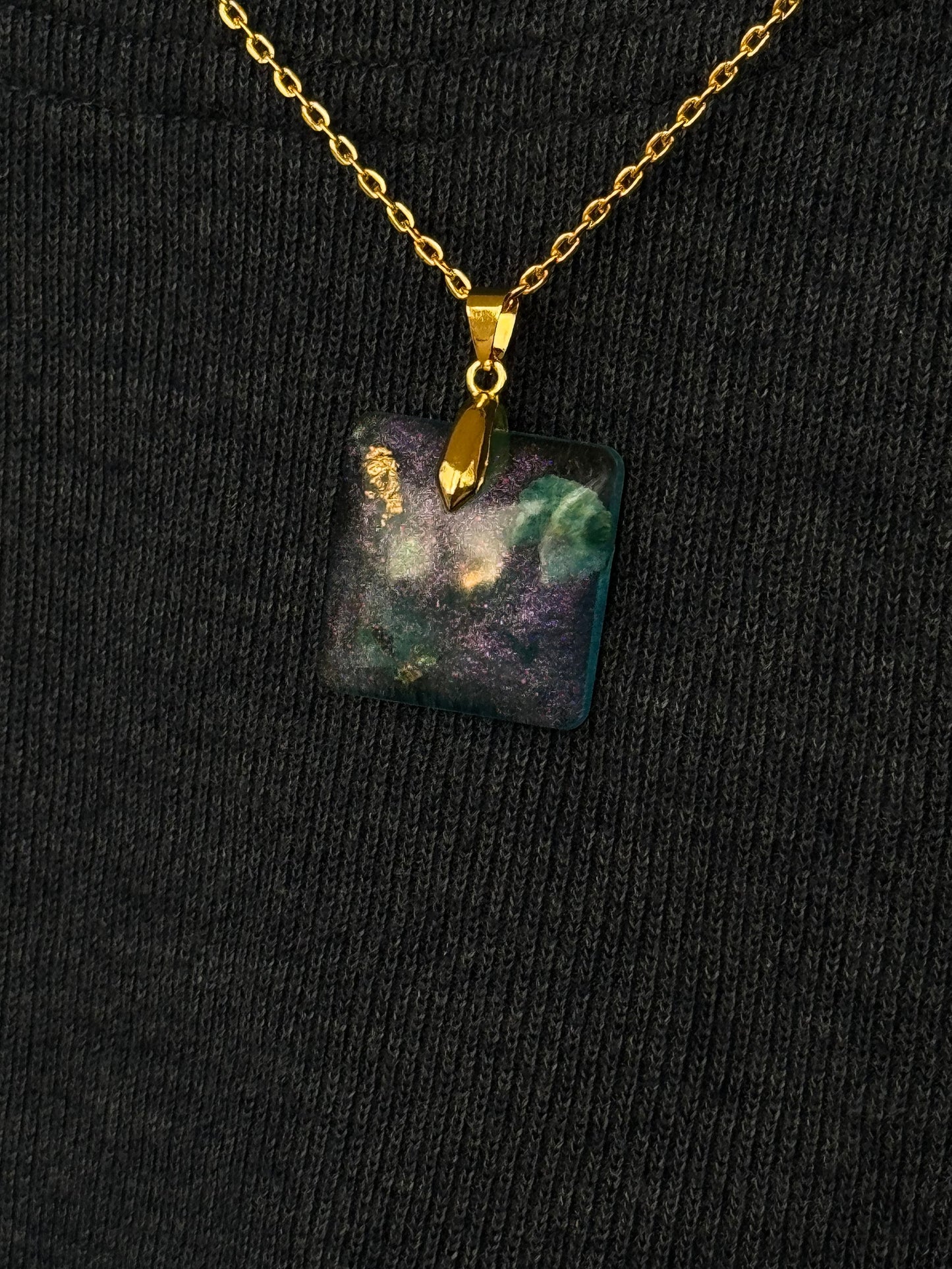 Square Blue Dehydrated Flowers Purple Chameleon Flake and Gold Flake Pendant with Long Chain