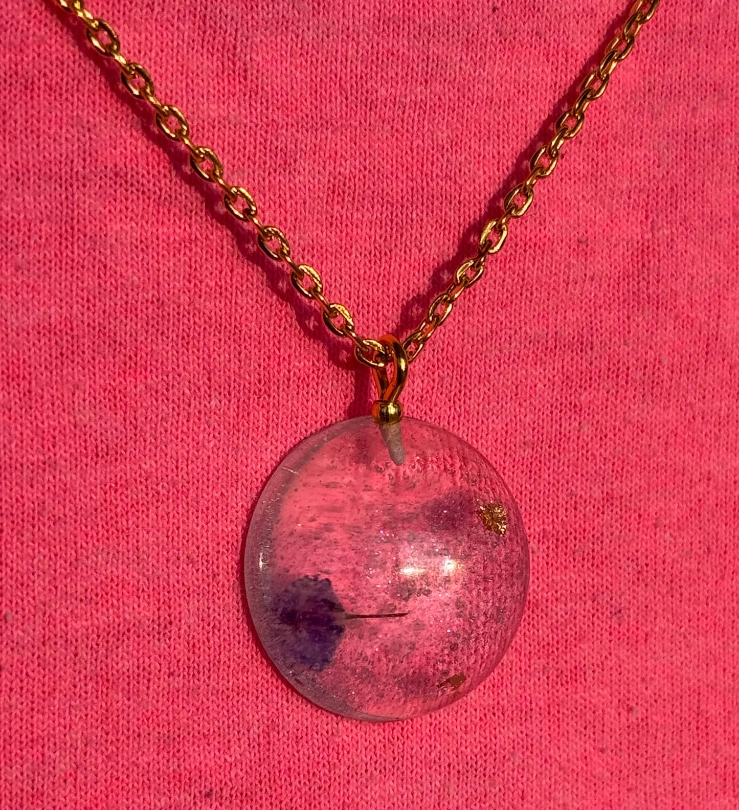 Dried Purple Flower and Gold Flake Clear Half Sphere Pendant with Long Chain