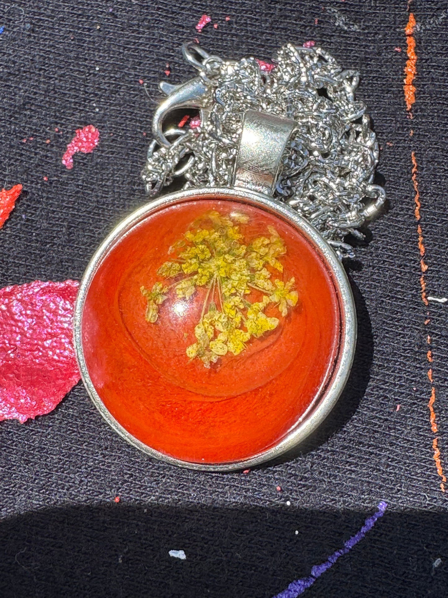 Dried Yellow Flower with Orange Backing Clear Half Sphere Pendant with Long Silver Chain and Bezel