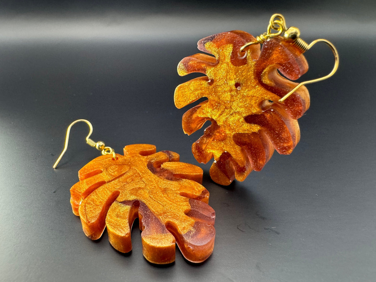 Leaf Translucent Purple and Metallic Gold Handmade Epoxy Resin Earrings with Gold Hooks