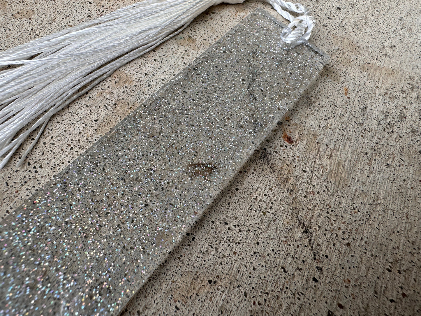 1.2 x 3.8 Bookmark Clear White Holo Glitter with White Tassel