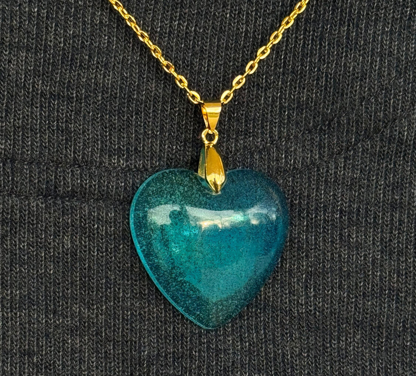 Translucent Ocean Blue and Teal Swirl Heart Epoxy Resin Long Gold Chain Pendant