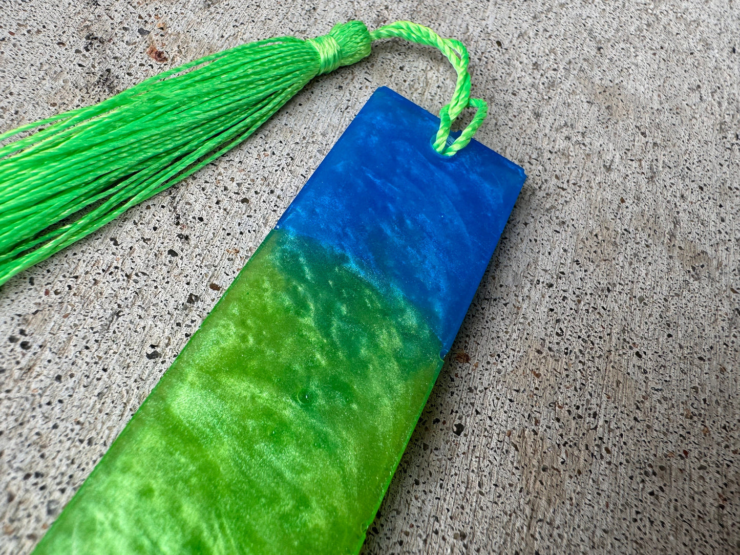 1.2 x 7.7 Bookmark Metallic Blue Green and Yellow with Lime Green Tassel