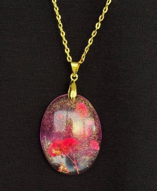 Dried Red Flowers with Gold Leaf in Pink Half Oval Epoxy Resin Long Gold Chain Pendant