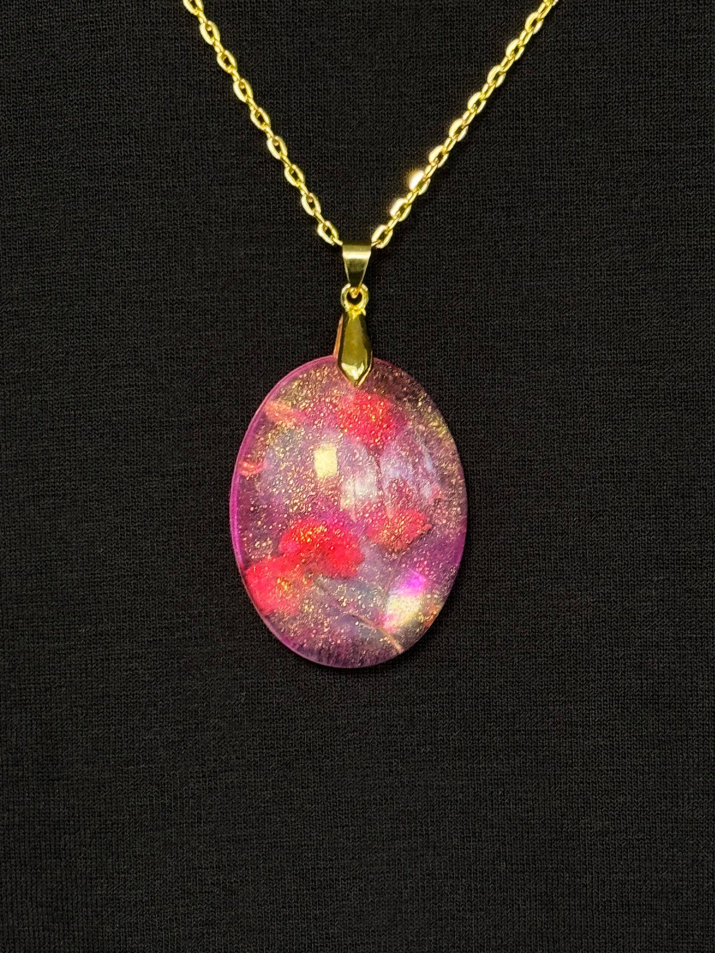 Dried Red Flowers with Gold Leaf in Pink Half Oval Epoxy Resin Long Gold Chain Pendant