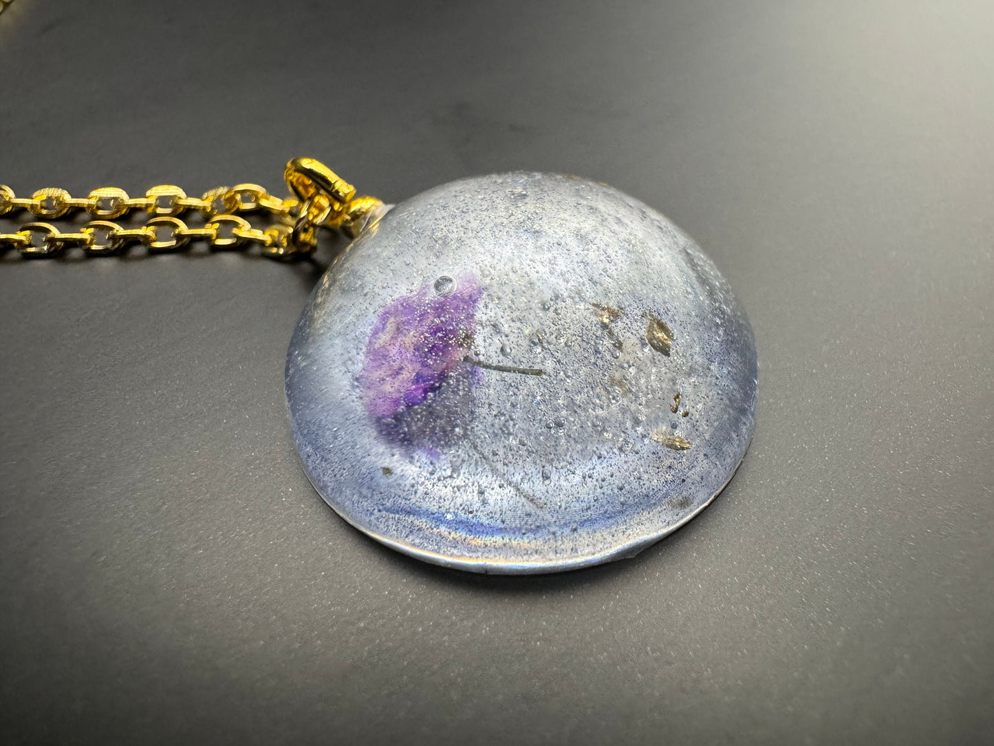 Dried Purple Flower and Gold Flake Clear Half Sphere Pendant with Long Chain